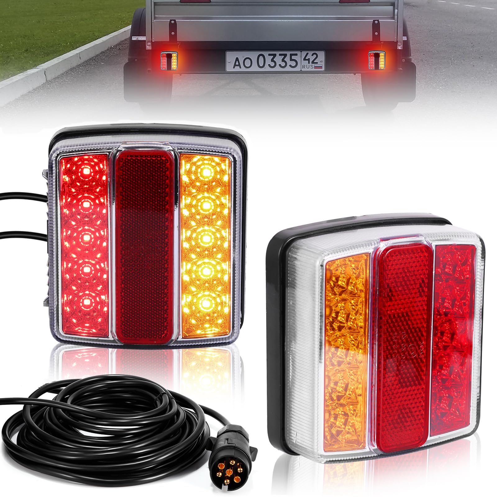 YUNYODA 16 LED Anhänger Rückleuchten, DC 12V LED Anhänger Beleuchtung mit 7,5m Kabel und 7 Poliger Stecker, Rückleuchten Anhänger Set für LKW Wohnwagen Anhänger Traktor LKW von YUNYODA