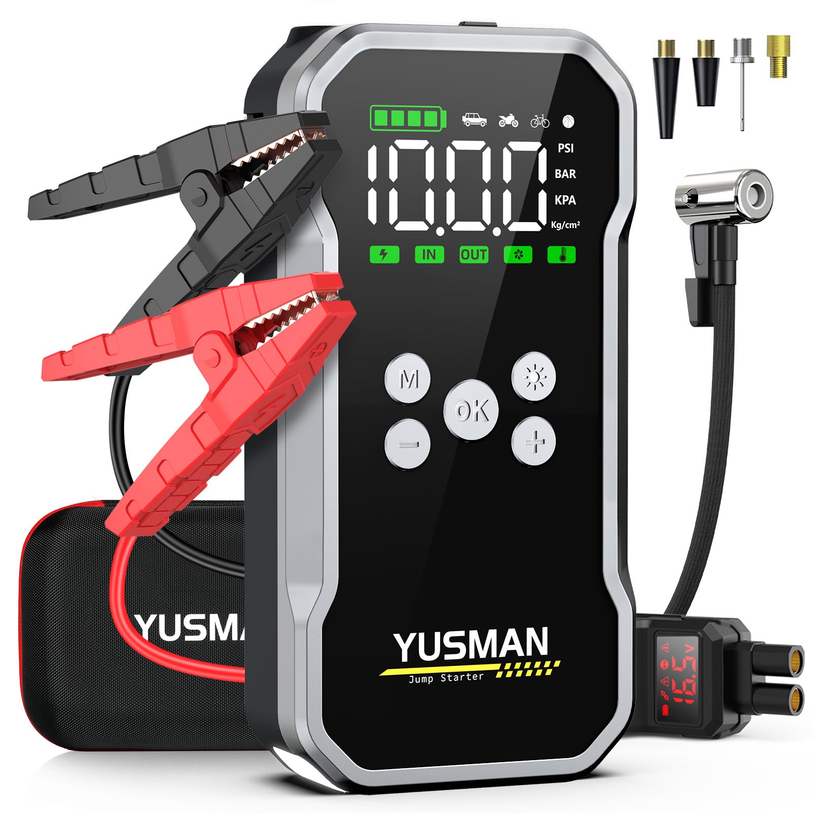 YUSMAN Auto Starthilfe Powerbank mit Kompressor, 5000A 150PSI Car Starthilfe Powerbank für pkw(Bis zu 10L Benzin/7L Diesel), 15800mAh 4-in-1 powerbank starthilfe mit 2 LED-Licht, Schnellladung,LCD von YUSMAN