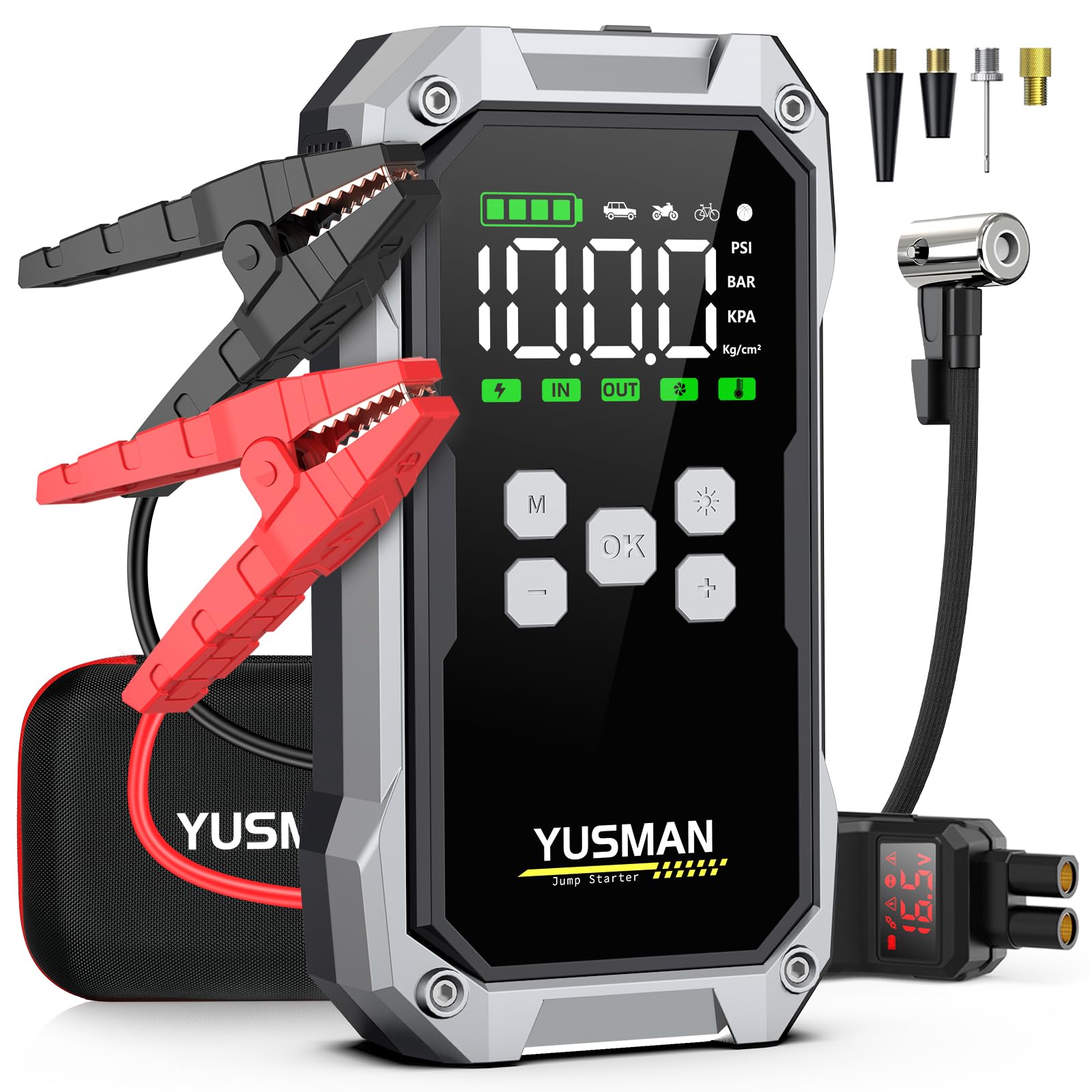 YUSMAN Starthilfe Powerbank mit 150PSI Kompressor, 6000A 12V Car Starthilfe Powerbank für alle Autos oder 10.0L Diesel,21800mAh 4-in-1 Tragbare Starter Powerbank mit 2 LED-Licht, LCD Display von YUSMAN