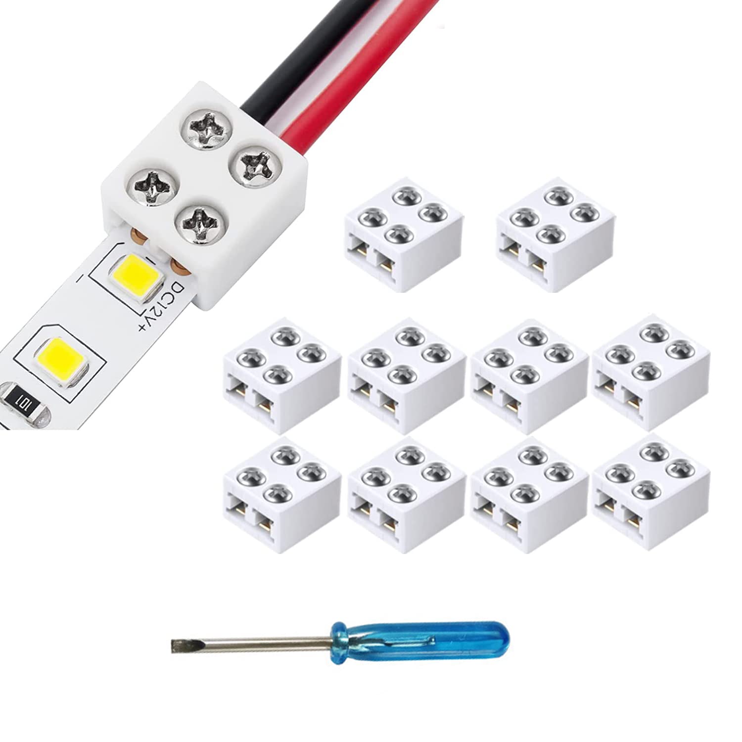 YUTOKEER 10 Pcs-2 Pin 10 mm Lötloses LED Band Licht Stecker Schraube Klemmenblöcke Stecker Led Stecker für Streifen Lichter Band zu Draht für 5v 12v 24v,Einschließlich Schraubendreher von YUTOKEER