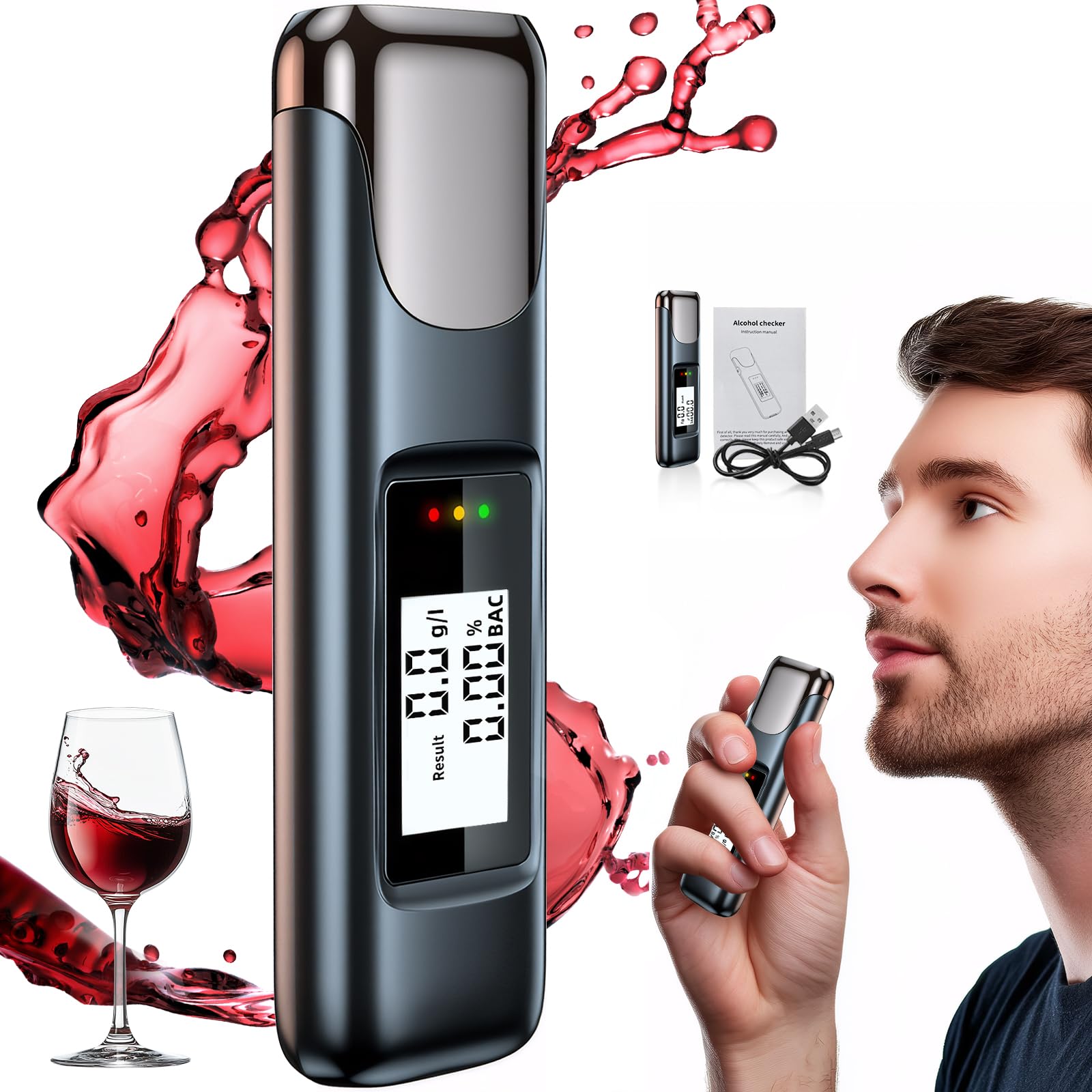 YUWJOOWEE Alkoholtester, Alkoholtester Polizeigenau, LCD-Anzeige Aufladbar Promillemessgerät, Tragbarer Atemalkoholtester Mouthpieces unnötig für Persönlichen und Professionellen von YUWJOOWEE