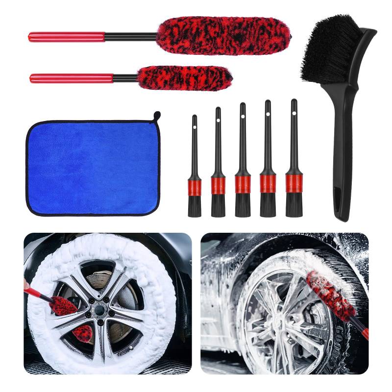 YYAQZD Auto Reinigungsset, 9PCS Auto Felgenbürste,Auto Reinigungsbürsten Set für Auto Reinigung Innenraum und Außen inkl. Reifenbürste Innenreinigung-Weiche-Bürste und Auto-waschtuch von YYAQZD