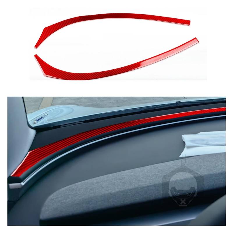 Carbon Fiber Front Trim Innen Streifen Aufkleber Instrumententafel Kompatibel for Tesla Modell 3 Auto Dekorative Zubehör 2023 2024(Red) von YYEFNMAZ