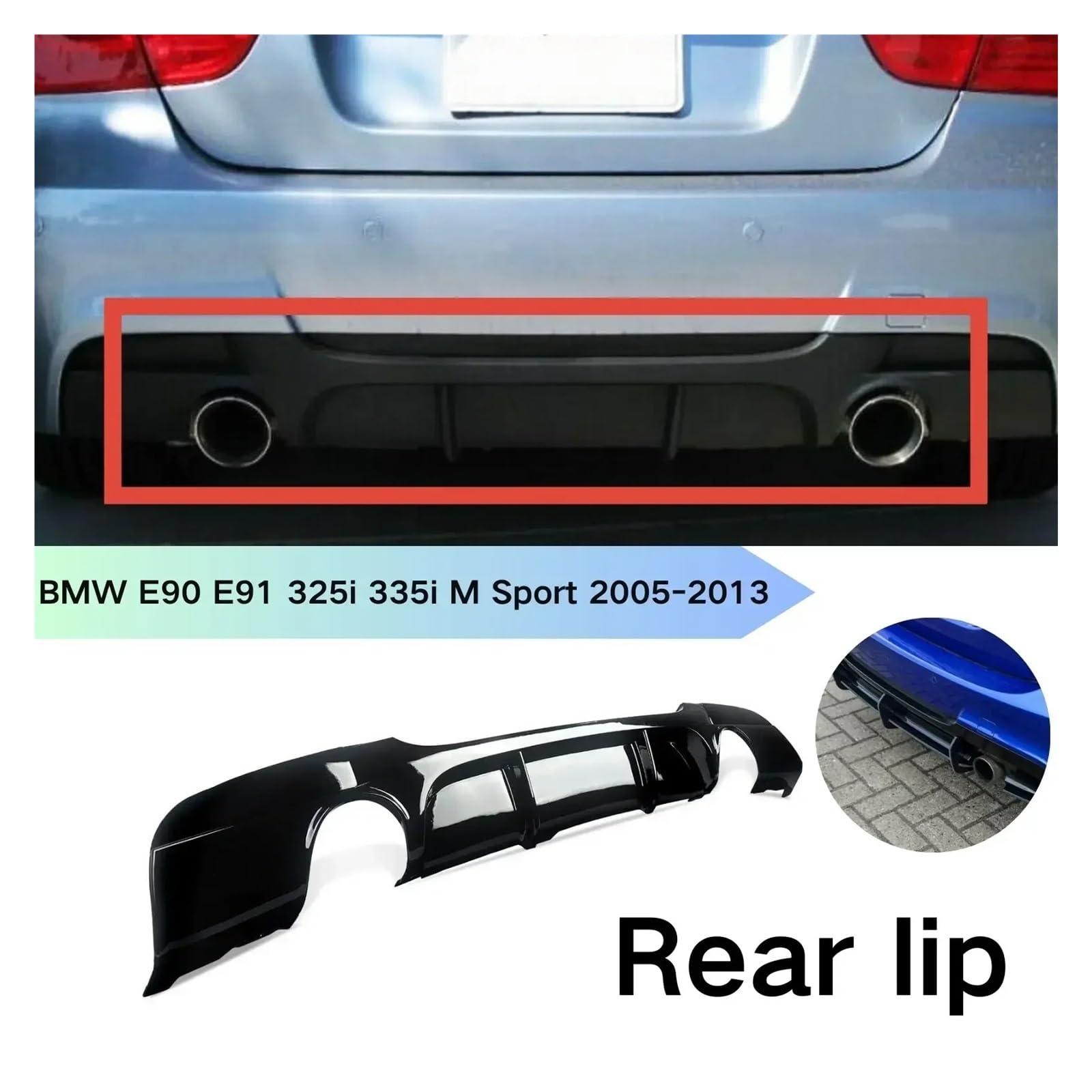 YYEFNMAZ Hecklippe Kompatibel for BMW E90 E91 325i 335i M Sport 2005-2013 Stoßstangendiffusor Spoilerlippe Glänzend Schwarz Carbonfaser-Look Autozubehör(Glossy Black) von YYEFNMAZ