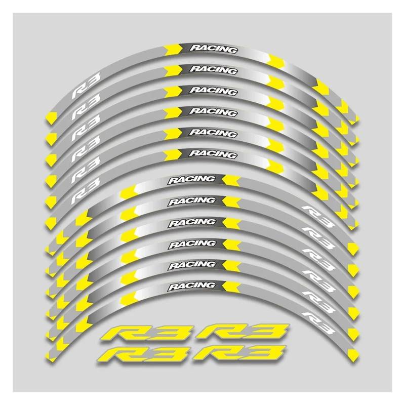 Für Y&amaha YZFR3 YZF R3 Motorrad 17 Zoll Räder Nabenaufkleber Reflektierende Streifen Felge Reifen Dekorative Aufkleber Klebeband Kit Felgenband-Aufkleber(1 Style B Yellow) von YYFhck