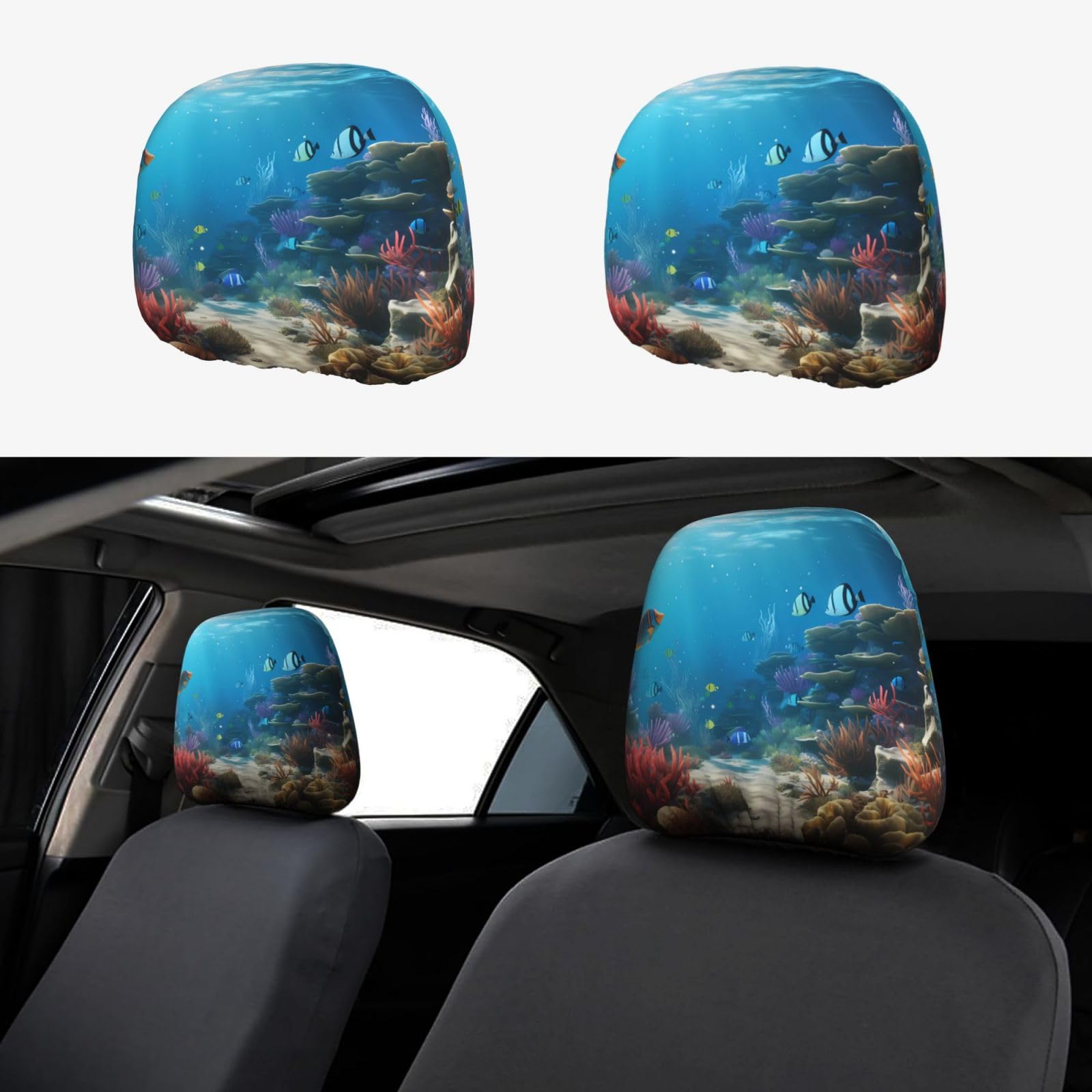 YYHHAOFA Auto-Kopfstützenbezug mit Fisch-Ozean-Motiv, 2 Stück, Innenzubehör, Dekoration, passend für Autos, Lieferwagen, LKWs, Universal-Sitzzubehör von YYHHAOFA