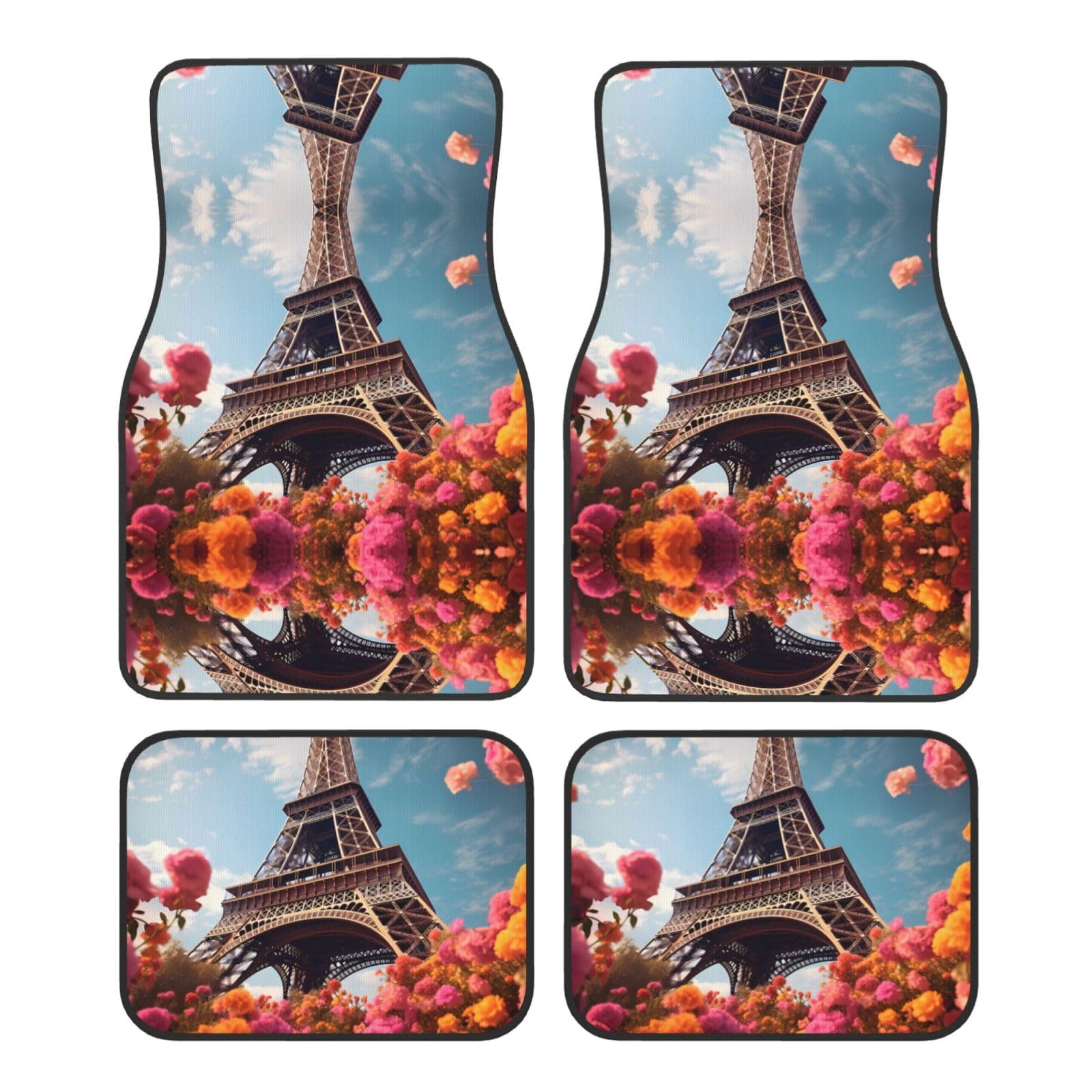 YYHWHJDE Crystal Velvet Automatten 4-teiliges Set – universell passend für alle Autos – 2 vordere und 2 hintere Matten – ideales Autozubehör für Frauen Paris Eiffelturm mit Blumen bedruckt von YYHWHJDE