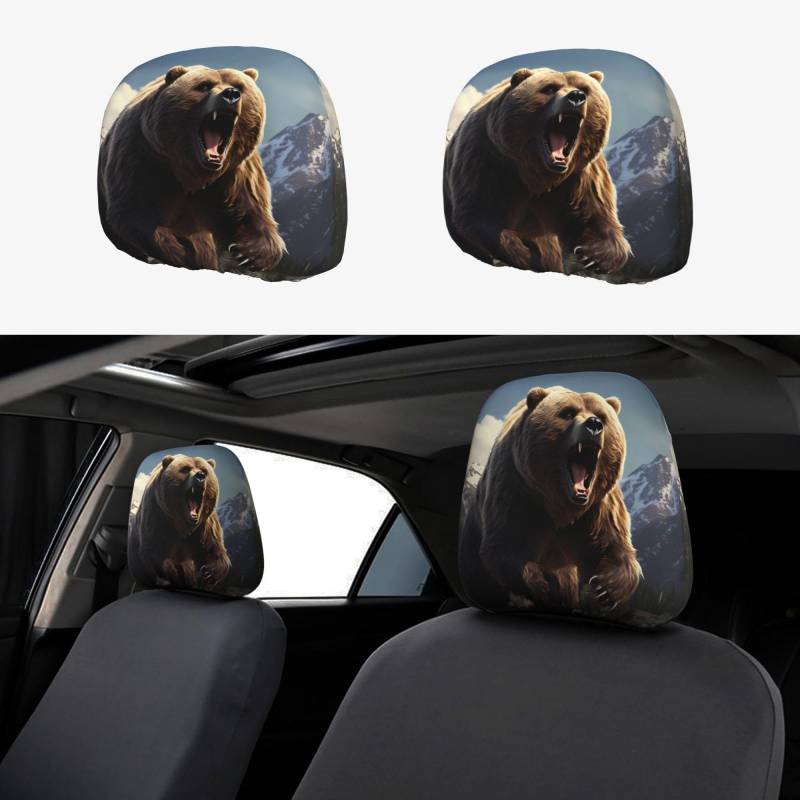 YYHWHJDE Fierce Grizzly Bears Kopfstützenbezug, 2 Stück, Innenzubehör, Dekoration, passend für Autos, Lieferwagen, LKWs, Universal-Sitzzubehör von YYHWHJDE