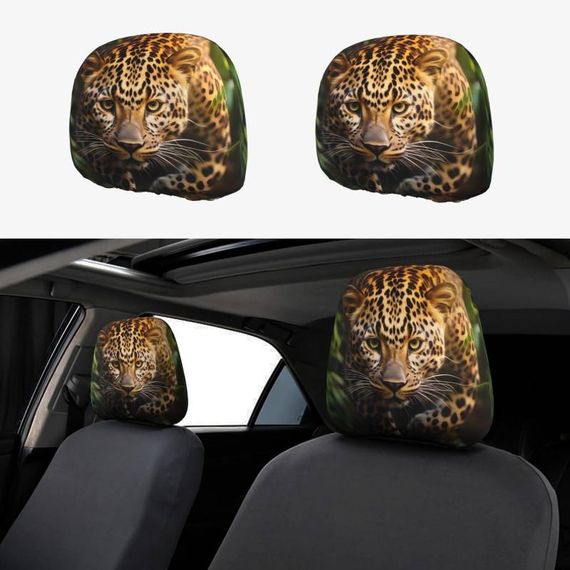 YYHWHJDE Funny Leopard Picture Car Headrest Cover 2 Pcs Interior Accessories Decoration Fit Cars Vans Trucks Universal Seat Accessories von YYHWHJDE