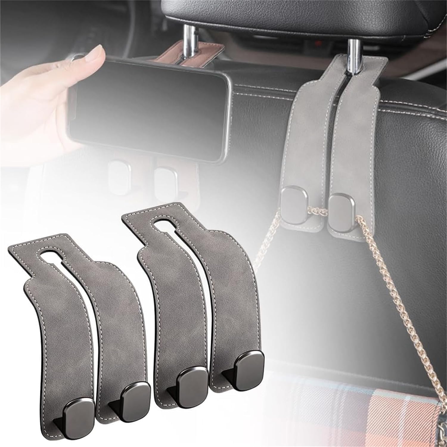 Doppelhaken für Autositzrückseite, Autositz-Haken, universelle versteckte Leder-Handtaschenhaken, multifunktionale Kopfstützenhaken für Auto (Grau, 2 Stück) von YZBBSH