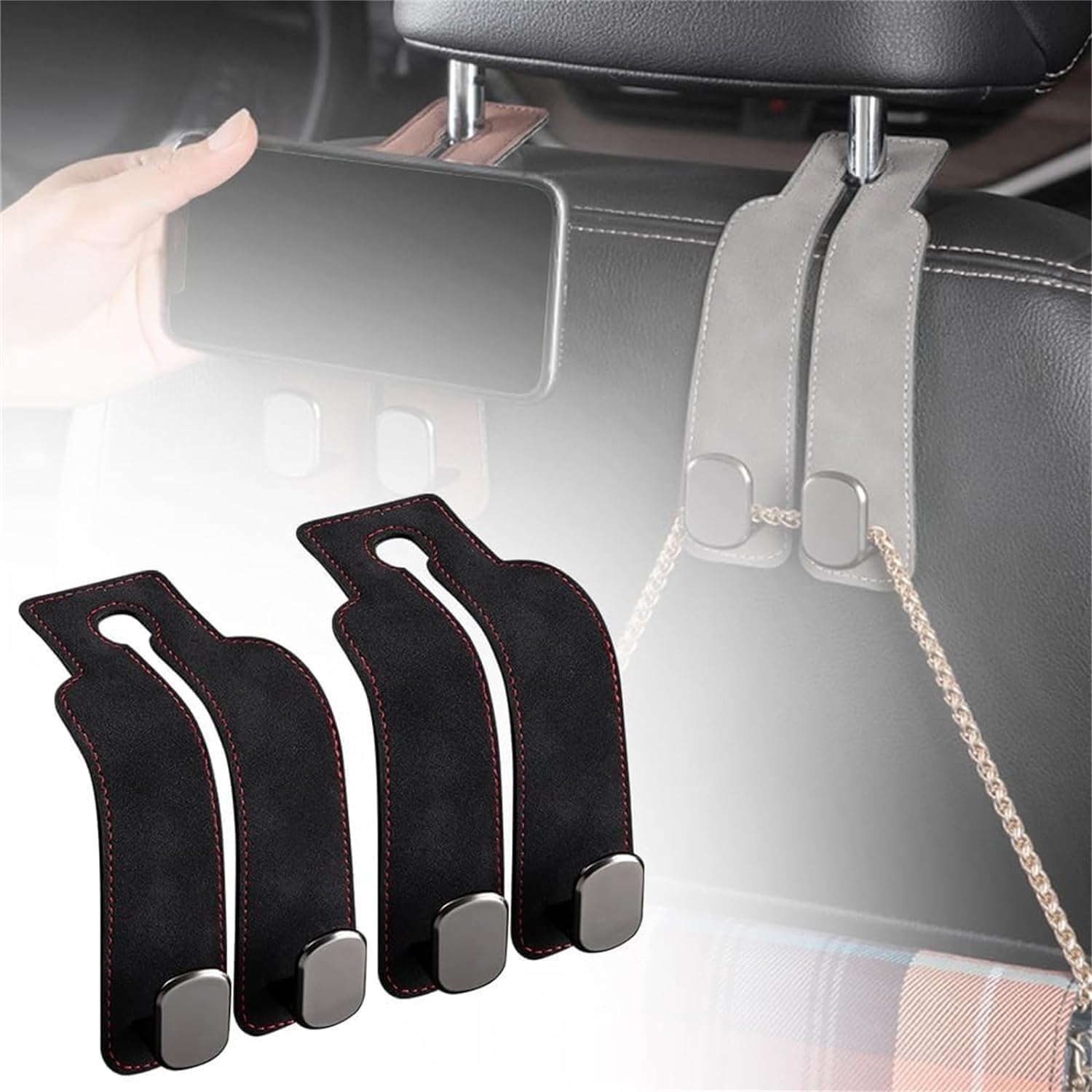 Doppelhaken für Autositzrückseite, Autositz-Haken, universelle versteckte Leder-Handtaschenhaken, multifunktionale Kopfstützenhaken für Auto (Schwarz, 2 Stück) von YZBBSH