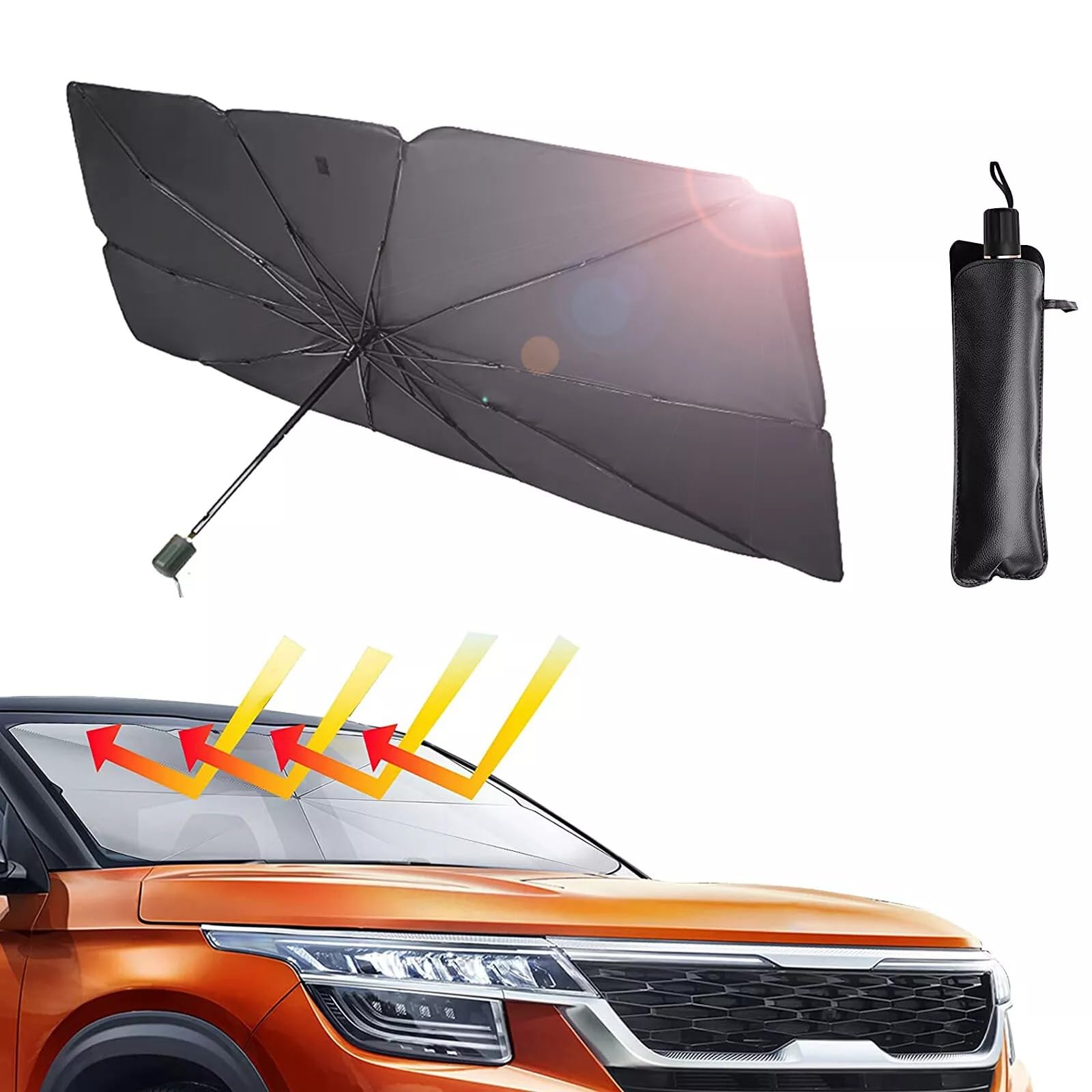 YZMXIY Frontscheibe Auto Sonnenschutz Regenschirm, Upgrade 360° Drehbar Faltbar fürs Auto, der schneller abkühlt und vor der Sonne schützt, Effizienter UV-Schutz (145 x 80cm) von YZMXIY