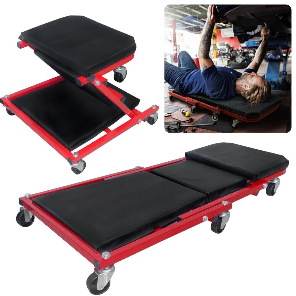 YZNAHRE 2 in 1 Montagerollbrett Werkstatt Rollbrett aus Metall Werkstatthocker Rollbretter Nutzbar als Werkstattliege & Rollhocker, mit 6X 360° Lenkrollen, Schwarz & Rot von YZNAHRE