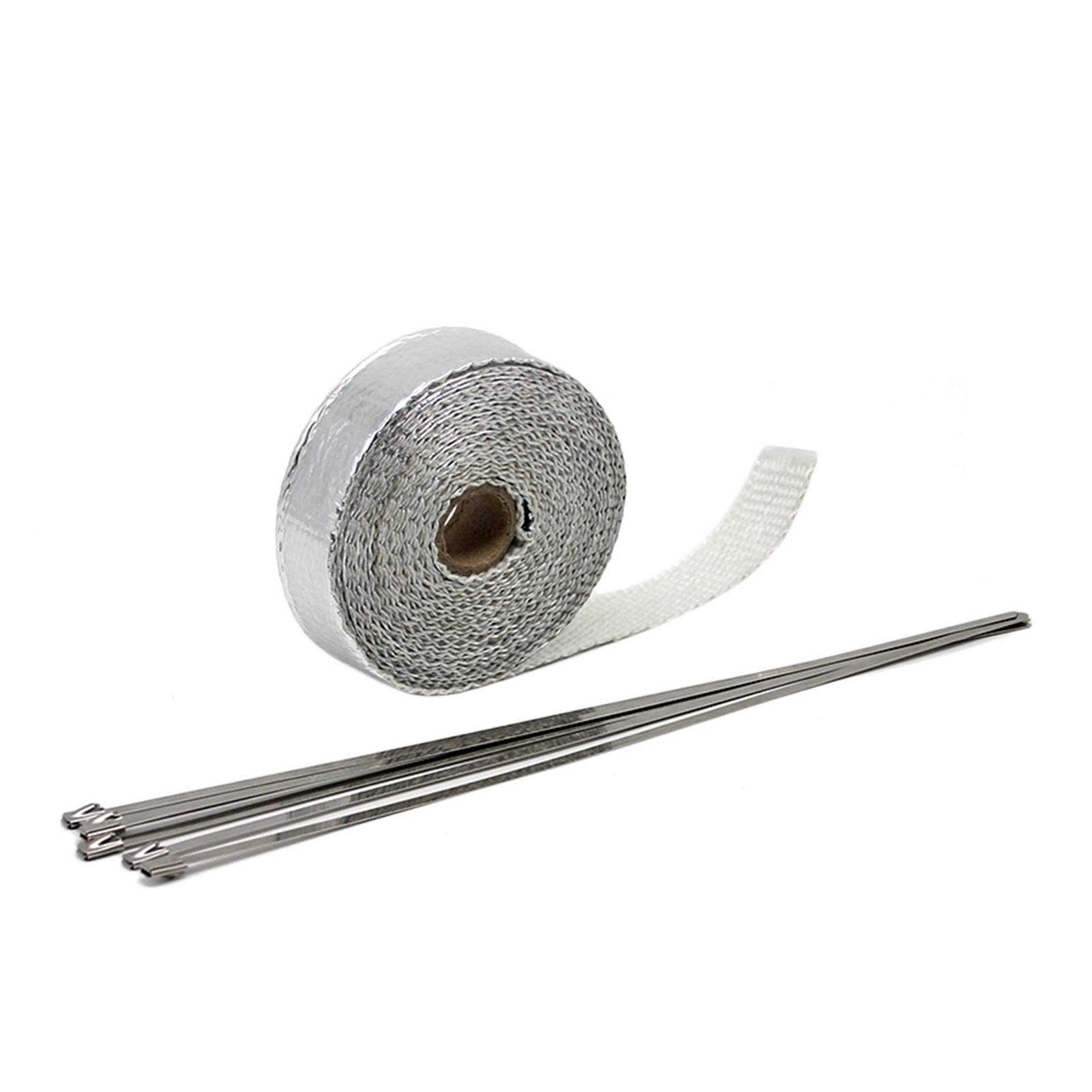 Hitzeschutzband 5m / 10m / 15m 1 Roll Fiberglas Hitzeschild Motorrad Auspuff Header Rohr Wärme Wrap Tape Thermal Protection 6 Krawatten Kit(10M silver) von YZWHKJ