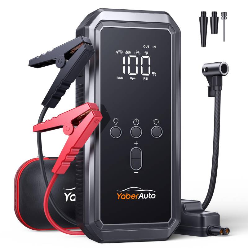 YaberAuto Starthilfe Powerbank mit 150PSI Kompressor, 4-in-1 Powerbank als Auto Starthilfe mit LCD Bildschirm, 3500A Spitzenleistung, 21800mAh Tragbare Starter Powerbank mit LED Taschenlampe, YA70 von YaberAuto