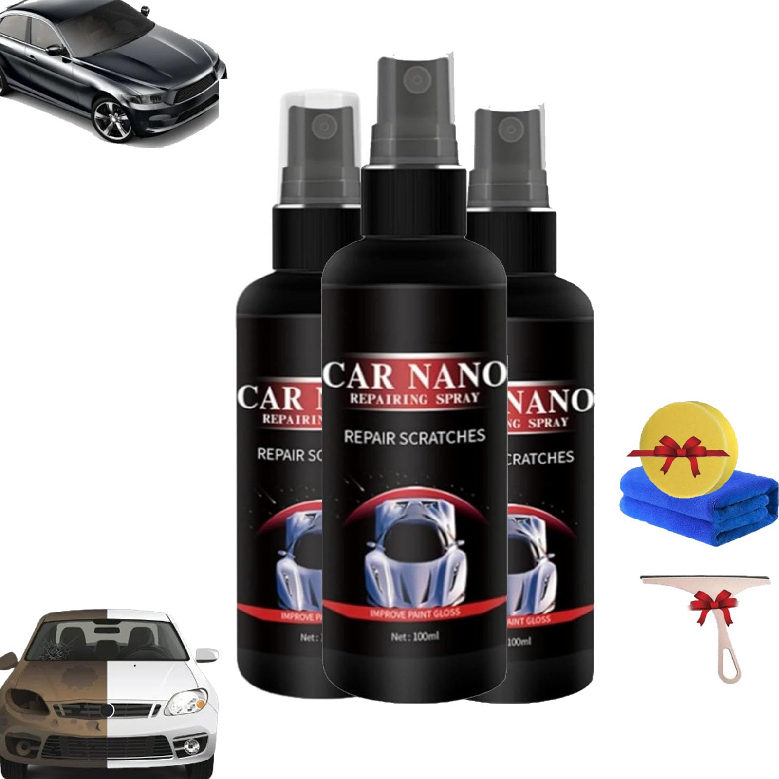 Yagerod Nurafix Nano Autospray, Nurafix Nano Autokratzerentferner, Nano Autokratzerreparaturspray, Nano Autokratzerentfernungsspray, Nurafix Autowachs, schnelle Kratzerreparatur (3PC, 100ML) von Yagerod