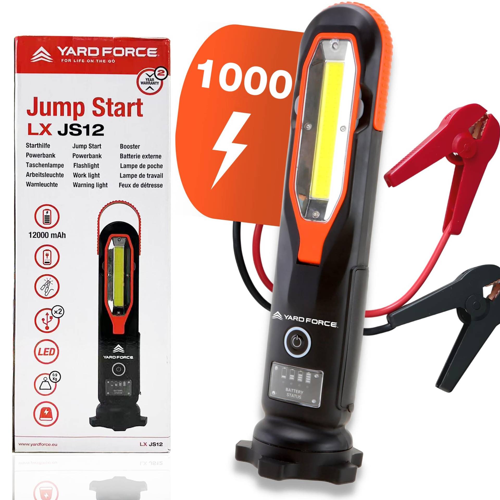 YARD FORCE Lithium-Autobatterie-Starthilfe-Pack LX JS12 - 12000 mAh mit LED-Taschenlampe, tragbarer Powerbank, Starthilfe für Notfälle, für bis zu 5-Liter-Benzin- und 4-Liter-Dieselmotoren, Klein von Yard Force