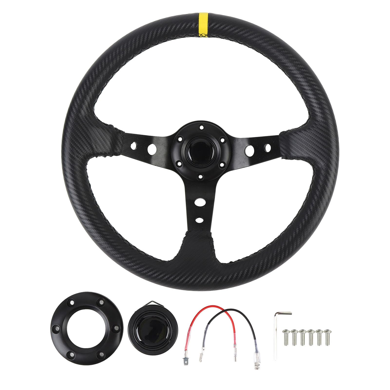 14-Zoll-Lenkrad für Autorennen, PVC-Aluminium, Universeller Karbonfaser-Look, Auto-Sport-Drift-Deep-Dish-Lenkrad mit Hupenknopf für 6-Loch-Nabenadapter (YELLOW) von Yctze