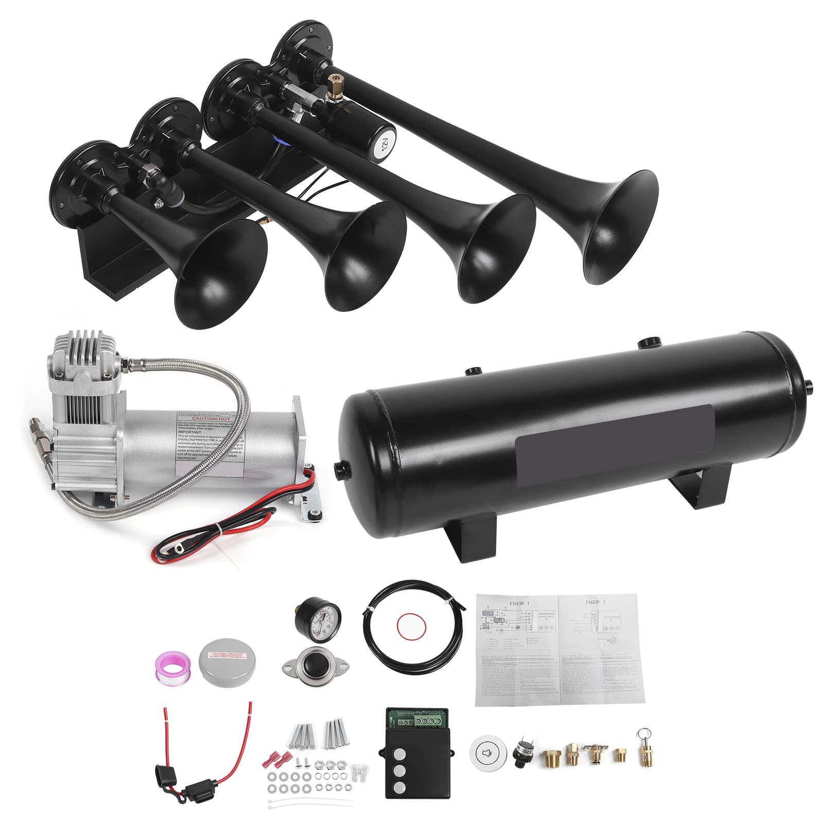 Air Horn, Yctze 4 Trumpet Air Horn Kit Edelstahl 200PSI Loud System Ersatz für die Meisten Fahrzeuge mit 12V System Sy für Zughorn Lufthorn Bootshorn 200PSI Horn 4 Trompete Lufthorn 12V Auto Horn LKW von Yctze