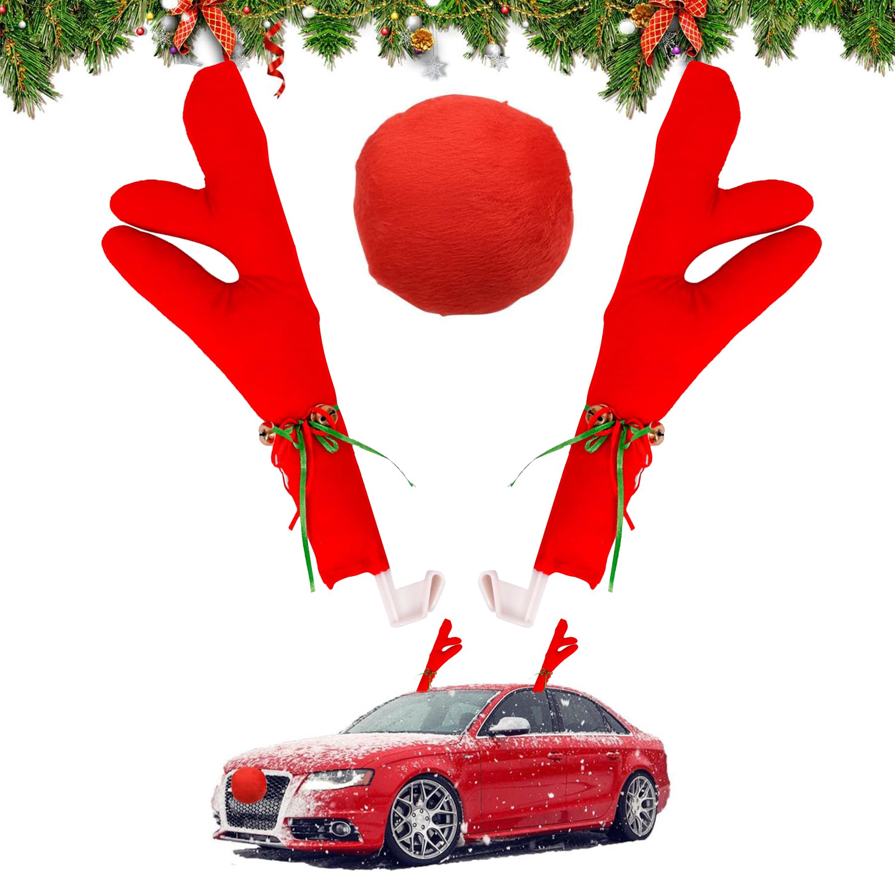 YeahBoom Auto Rentier Kostüm Weihnachtsdeko,Auto Deko Weihnachten,Weihnachtsdekor Auto Rentiergeweihe,Weihnachten Auto Rentier Geweih,Weihnachtsschmuck Auto mit Rote Nase von YeahBoom