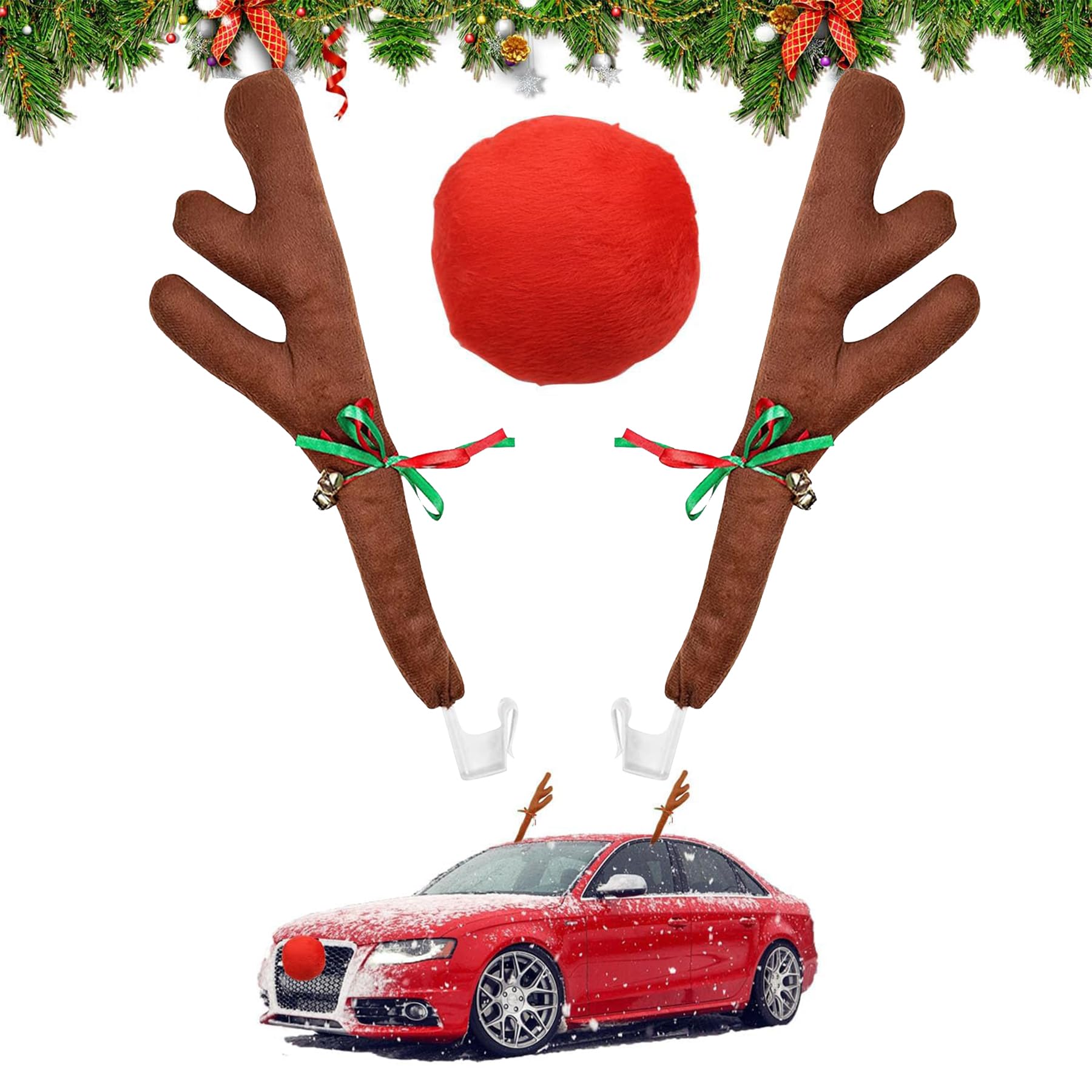 YeahBoom Auto Rentier Kostüm Weihnachtsdeko,Auto Deko Weihnachten,Weihnachtsdekor Auto Rentiergeweihe,Weihnachten Auto Rentier Geweih,Weihnachtsschmuck Auto mit Rote Nase von YeahBoom