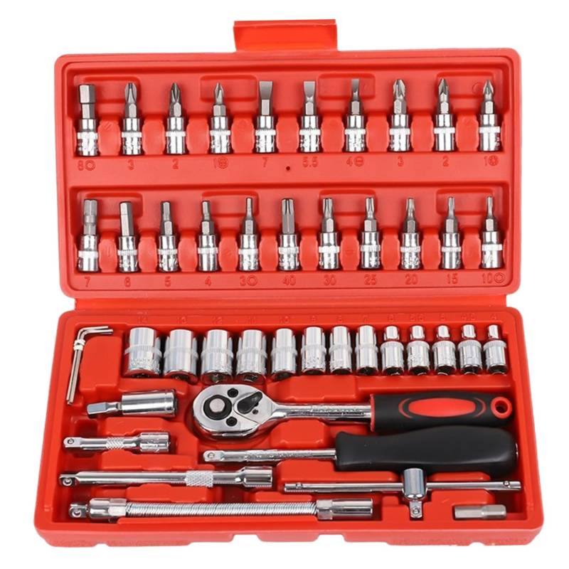 Ratschenschlüssel einstellen 46pcs/Set 1/4 Zoll Antriebssocket -Schraubenschlüssel Set mit Bit -Socket -Set -Metrik und Verlängerungsstange Socket Set, Sockelschlüsselset Set von Yeory