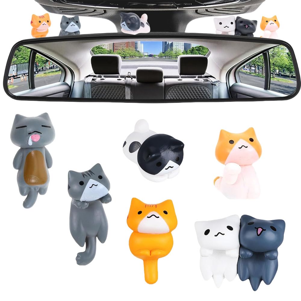 Ygapuzi 6PCS Cute Little Cat Dashboard Car Accessories Mini Cat Figurines Car Rearview Mirror Ornaments Funny Pussy Universal Car Interior Gifts Cartoon Animals for Home Garden Decorative von Ygapuzi