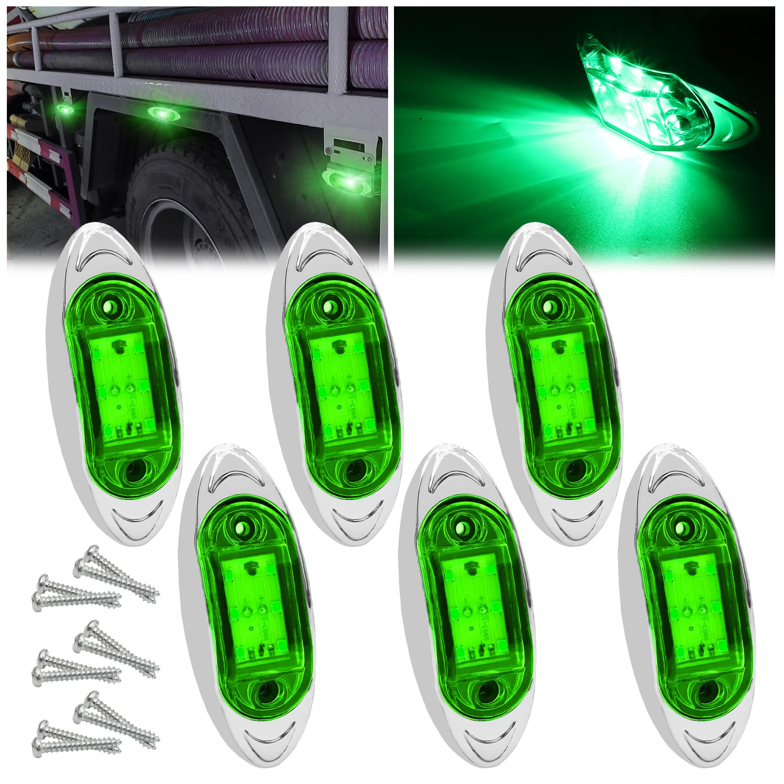 Ygmylandbb LED-Anhänger-Markierungsleuchte, LKW-Seitenmarkierungsleuchte, 6 LEDs, für schwere LKWs, Anhänger, Wohnmobil, Taxi, Boot, Bus, LKW, Chrom-Lünette, oval, grün, 12 V, 24 V, 6 Stück von Ygmylandbb