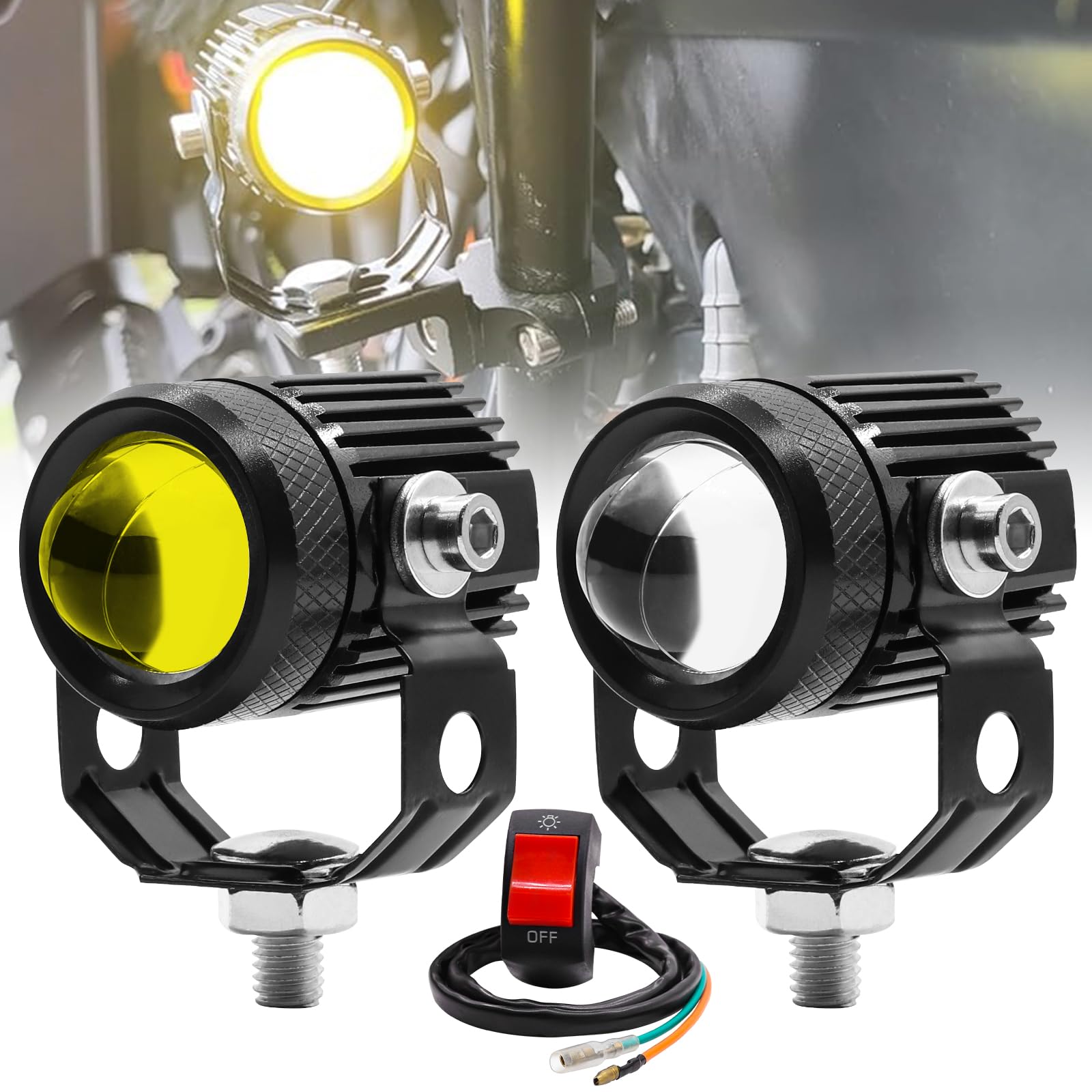 Ygmylandbb Motorrad LED Nebelscheinwerfer 60 W Motorrad Scheinwerfer 12 V/24 V Bernstein und Weiß Fahrlicht 1,3 Zoll 6000 lm Wasserdicht Scheinwerfer für Motorrad Quad Scooter Auto LKW 2 Stück von Ygmylandbb