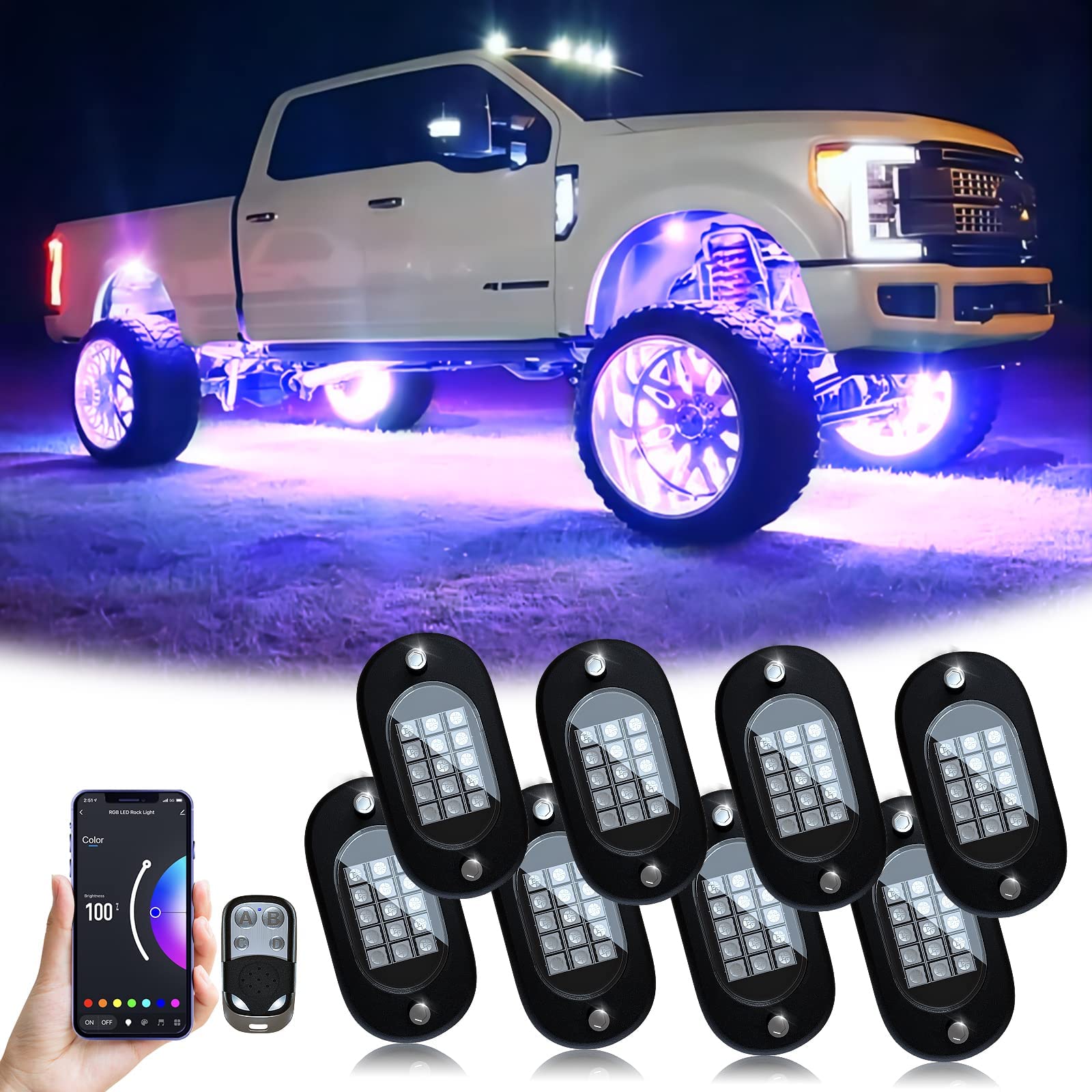 YiLaie Auto RGB LED Rock Licht Kit, Multicolor Hell Neon Light mit APP/RF-Steuerung,DIY Musikmodus Wasserdichtes Under Glow Light Kits für Auto Geländewagen SUV-8 Pods von YiLaie