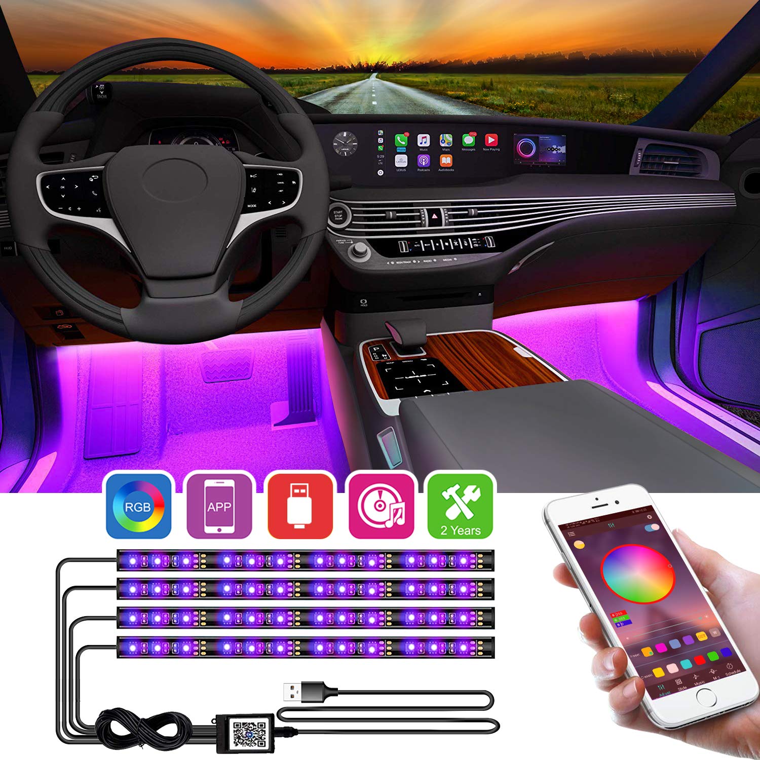 YiLaie LED Innenbeleuchtung Auto,4pcs 48LED Atmosphäre Licht Auto RGB Strips wasserdichte Innenraumbeleuchtung,APP Steuerbare mit Musik Synchronisation,5V USB-Port von YiLaie