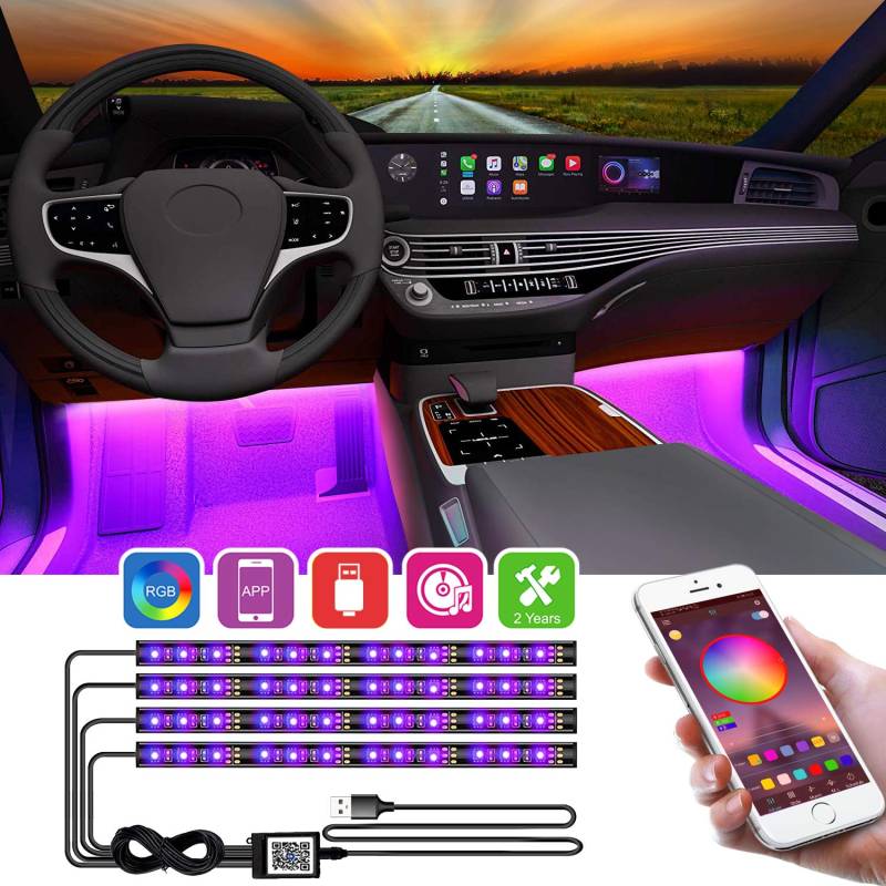 YiLaie LED Innenbeleuchtung Auto,4pcs 48LED Atmosphäre Licht Auto RGB Strips wasserdichte Innenraumbeleuchtung,APP Steuerbare mit Musik Synchronisation,5V USB-Port von YiLaie