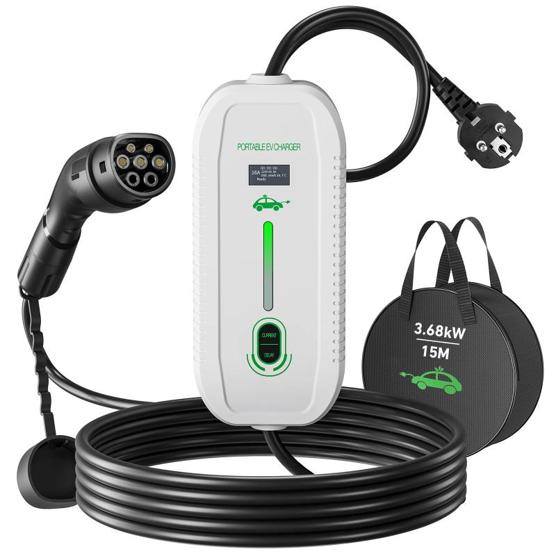 Yigowyigo Ladekabel Elektroauto Typ 2 Schuko 15 M, 3,68kW, 6A-16A, Ladekabel 16A auf Typ 2 mit LED-Digitalanzeige, IP67, IEC-62196, Tragbares EV Ladegerät Elektroauto mit Handtasche (15 Meter) von Yigowyigo