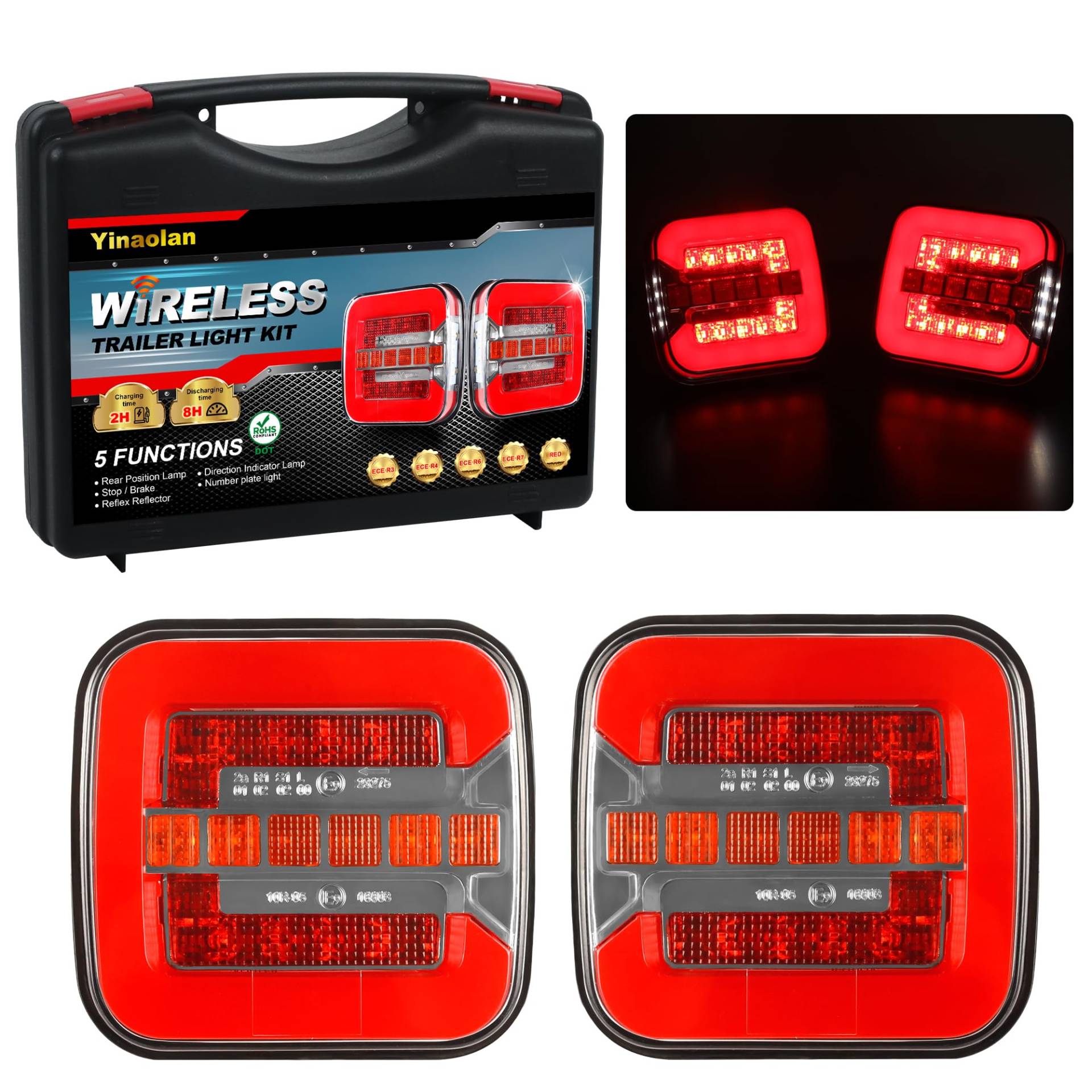 Yinaolan Magnetische Anhängerbeleuchtung, 12 V, 2 Stück, wasserdicht, kabellos, Anhängerbeleuchtung, Set, Rücklicht, Bremslicht, Blinker, Lampenset für Wohnwagen, Traktor, LKW, Van, Wohnmobil von Yinaolan