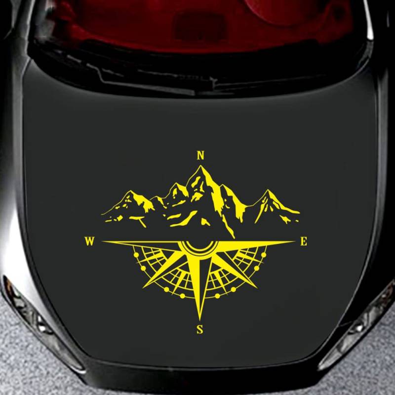 YlRNhe Auto-Aufkleber – Berg-Kompass-Aufkleber für Motorhaube, wasserdichter Vinyl-Motorhauben-Aufkleber/Autofenster-Aufkleber/Auto-Grafik-Körperseiten-Aufkleber, 19,68''x 16,14'' (Gelb) von YlRNhe