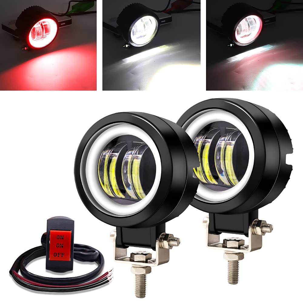 YnGia 2 Stück Motorrad LED Scheinwerfer rund Motorrad Nebelscheinwerfer mit rotem Engelsauge DRL weißes Licht Wasserdicht Fahren Verkehrslicht 12 V 24 V für LKW Offroad Marine von YnGia