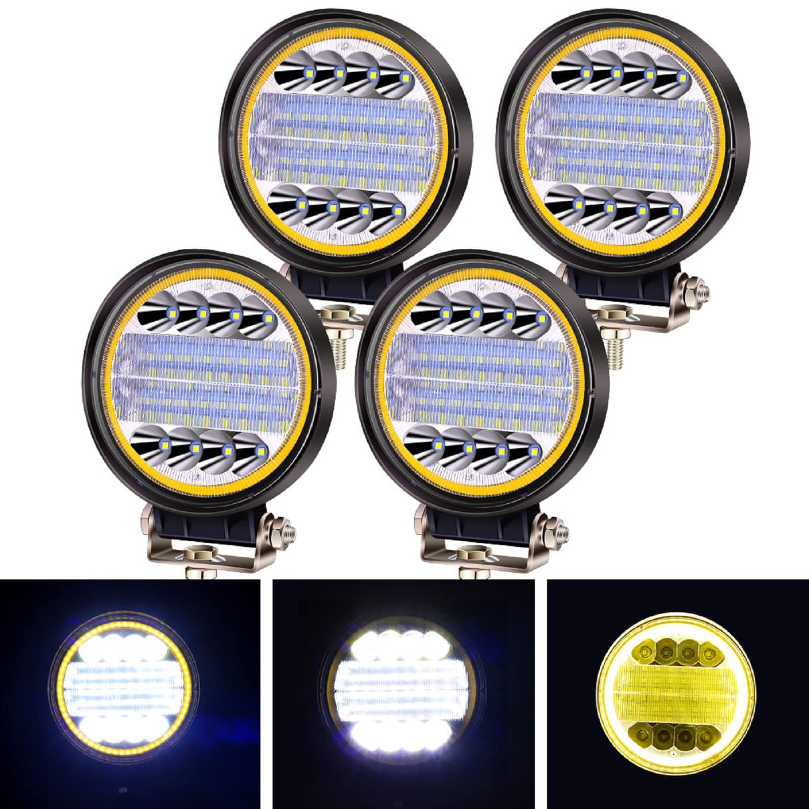 YnGia 72W LED Arbeitsscheinwerfer mit Engelsauge, 4PCS runde Spot Flood Combo Lights Fahrnebelscheinwerfer 12V 24V LED Zusatzscheinwerfer für Geländewagen-SUV-LKW-Traktor für Motorräder von YnGia