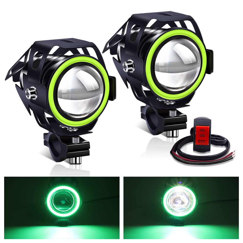 YnGia Motorrad-Frontscheinwerfer mit grünem Halo, 2 x LED-Tagfahrlicht mit 3 Drähten ON/ON/OFF-Schalter, U7 12 V 24 V Wasserdicht von YnGia