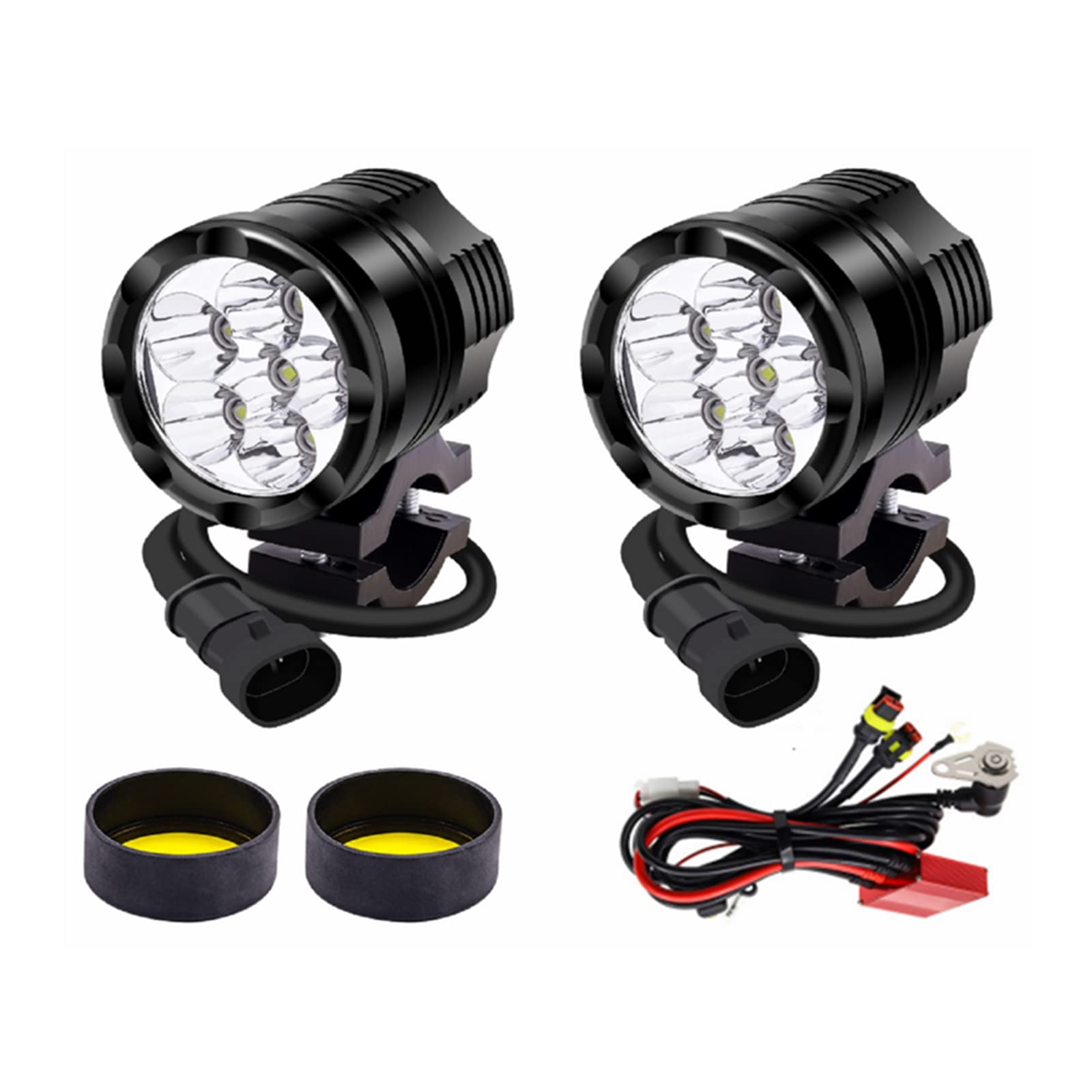 YnGia Motorrad-LED-Nebelscheinwerfer mit Kabelbaum, 2 Stück, 60 W, Motorrad-Zusatzlichter, 12 V, 24 V, Motorrad-Scheinwerfer mit gelber Linse für Roller, Auto, LKW, ATV, SUV, Boot von YnGia