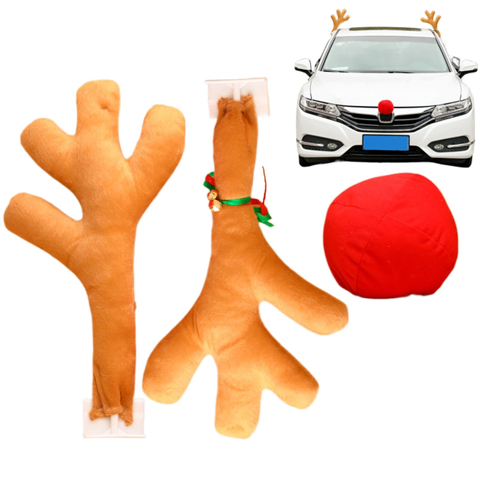 Weihnachts-Rentier-, Weihnachtsauto-Rentier-Geweih-Set | Niedliches Weihnachtsbaum-Rentier-Autozubehör,Weihnachts-Autozubehör, Elchgeweih und Nasen-Dekorationsset für Auto, LKW, Minivan von Ynnhik