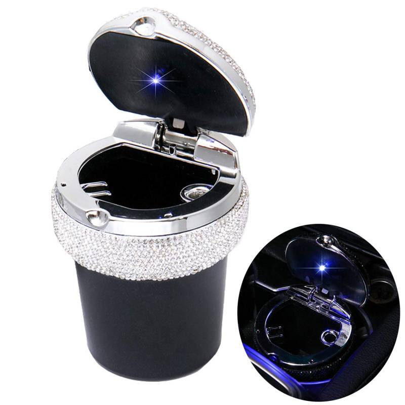 YoMaris Bling Auto Aschenbecher, Bling Tragbare Zigarette Rauchloser Zylinderbecherhalter mit Blauer LED-Lichtanzeige, Autozubehör für Frauen, Ideal für Auto, Heim und Büro, Schwarz. von YoMaris