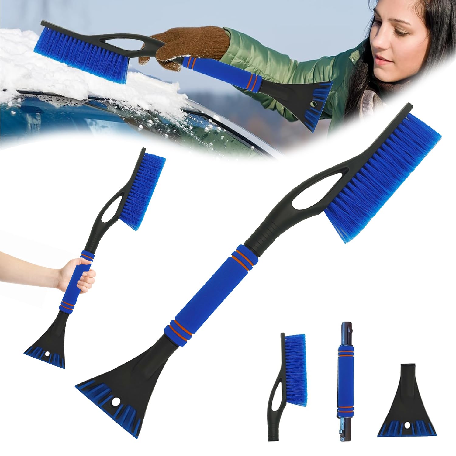 YongSral 2 in1 Schneebesen Auto, 60CM Eiskratzer Auto mit Besen, Auto Schneebürste, Ice Scraper Car, Car Snow Brush, Scheibenkratzer Auto mit Schaumstoffgriff für PKW, LKW und SUV (Blau) von YongSral