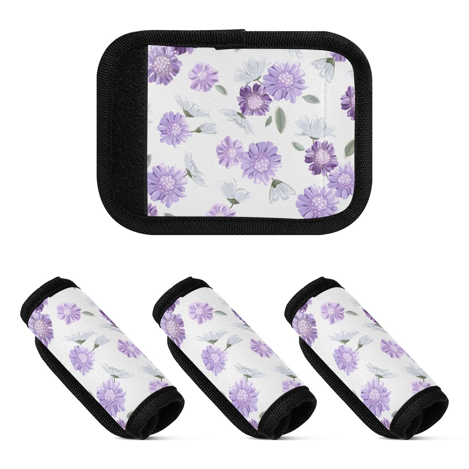 4 Stück Gepäckgriffbandagen mit Blumenmuster und Gänseblümchen, violette Blumen, minimalistisches Polyester, Gepäckgriffpolster, Kofferabdeckung, Gepäck für Reisetasche, Gepäck, Koffer, Florale von Yoogain