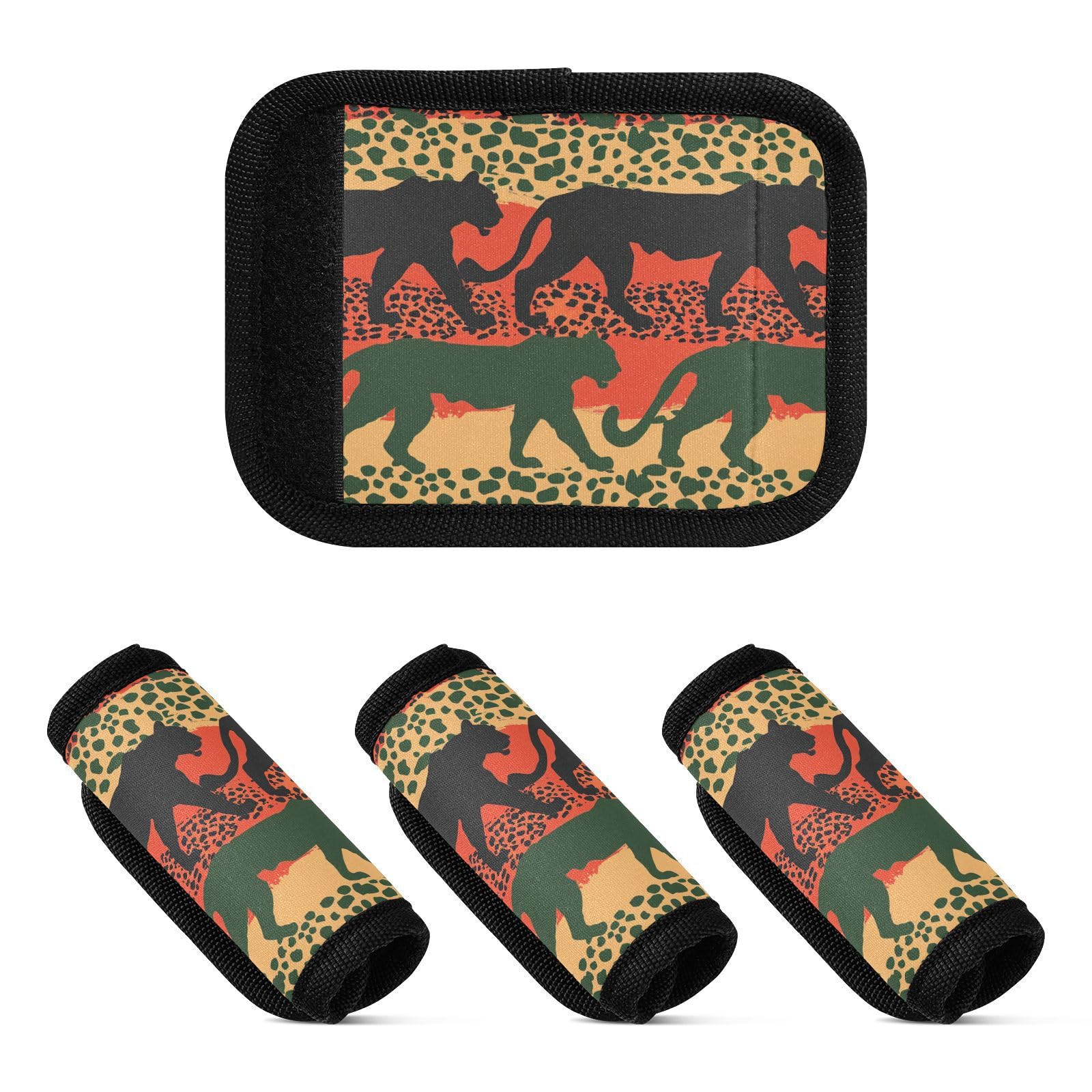 Gepäckgriffbandagen, Leopardenmuster, Panther-Silhouetten, dehnbar, für Flughafen, Reisetasche, 4 Stück, Rote grüne Leoparden-Panther-Silhouetten, 1 sizex4 von Yoogain