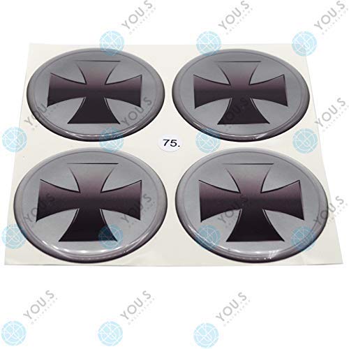 4 x YOU.S Nabenkappen Silikon Aufkleber 75,0 mm - schwarz silber eisernes Kreuz selbstklebend von You.S