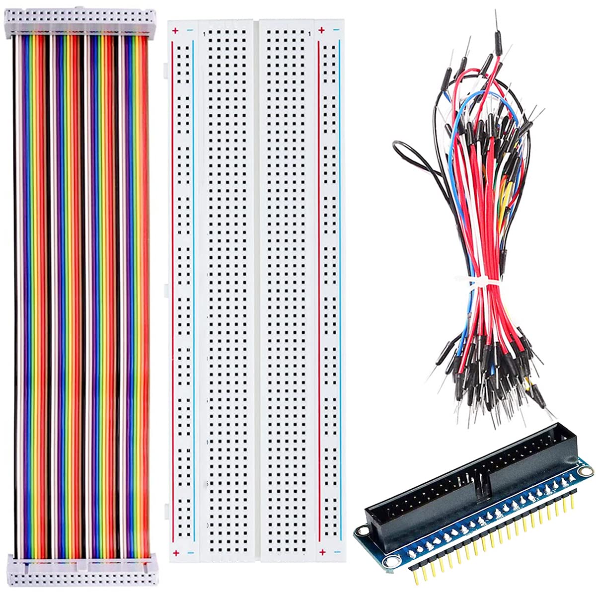 Youmile 1 Stück Raspberry Pi GPIO-Adapterplatte 40-polig + 830 Verbindungspunkte Lötfreies Steckbrett + Jumperkabel + 40-polige Buchse - Buchse Regenbogen-Flachbandkabel von Youmile