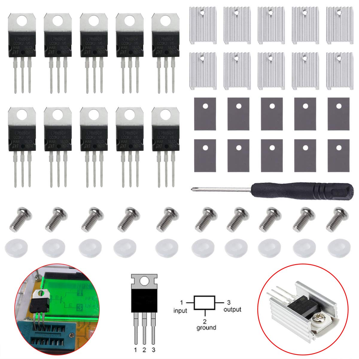 Youmile 10 Stück Spannungsregler IC Transistoren L7805CV L7805 5 V 1,5 A TO-220 3PIN MOSFET Transistoren für Arduino mit Kühlkörper von Youmile