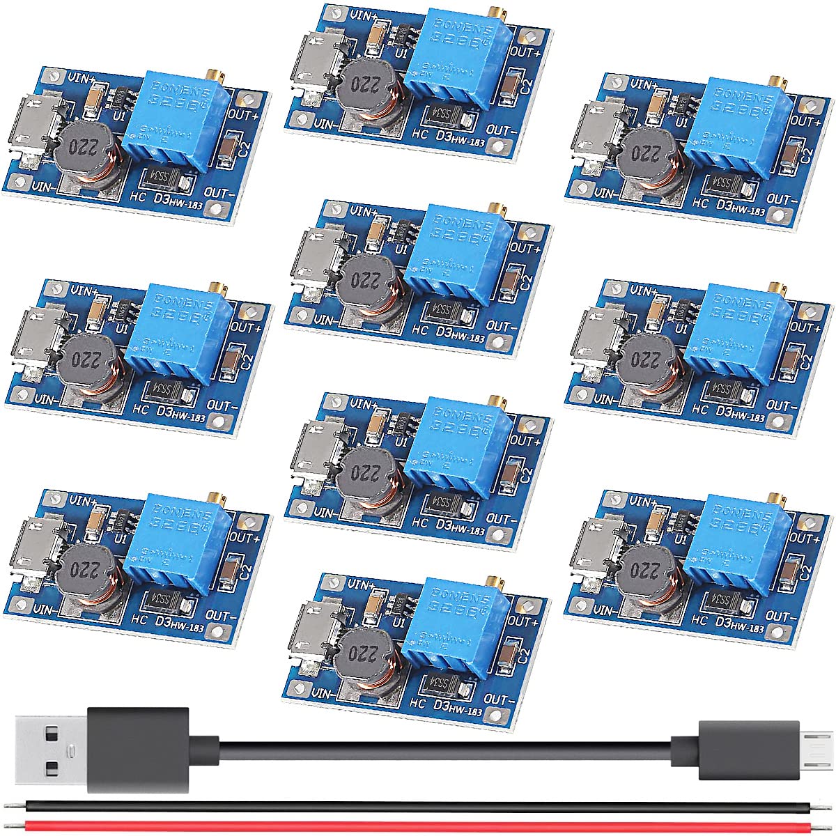 Youmile 10 Stück Step up Converter modul 2V-24V bis 5V-28V 2A Einstellbares Modul Spannungsreglerplatine DC-DC Mico-USB-Schnittstelle mit rotem und schwarzem Kabel Micro-zu-USB-Kabel von Youmile