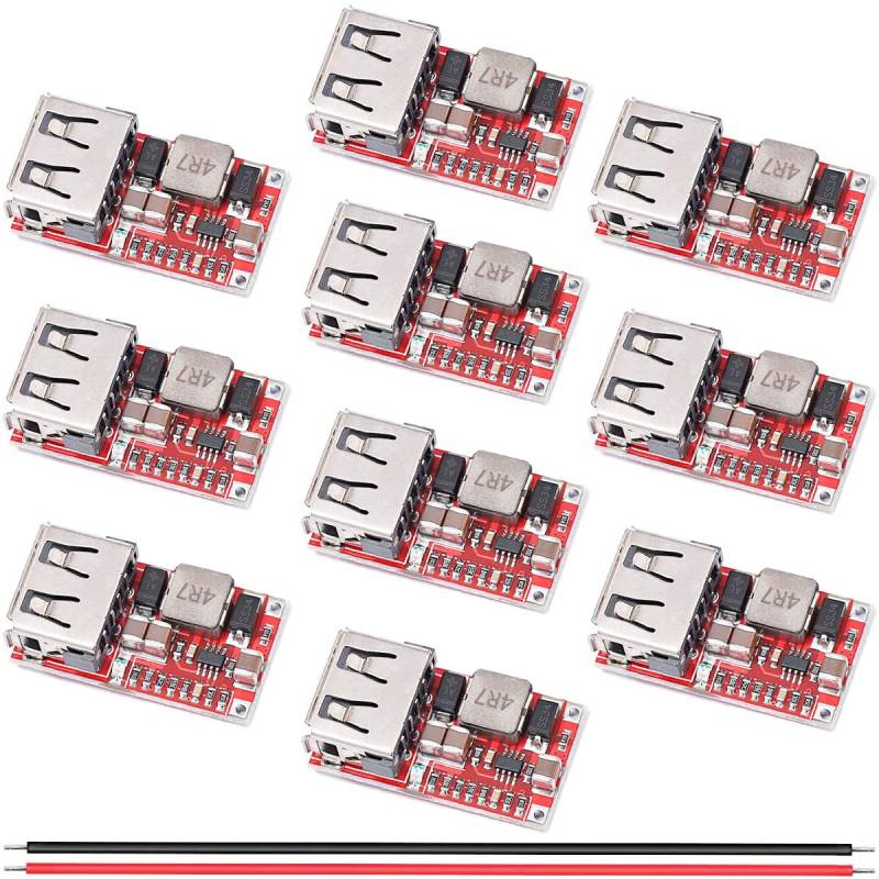 Youmile 10 Stück USB Step-Down module DC-DC 6–24 V, 12 V/24 V auf 5 V, 3 A, USB-Lademodul, Abwärtsspannungsregler, Stromversorgungsmodul, hohe Umwandlungsrate mit rotem und schwarzem 24-AWG-Kabel von Youmile