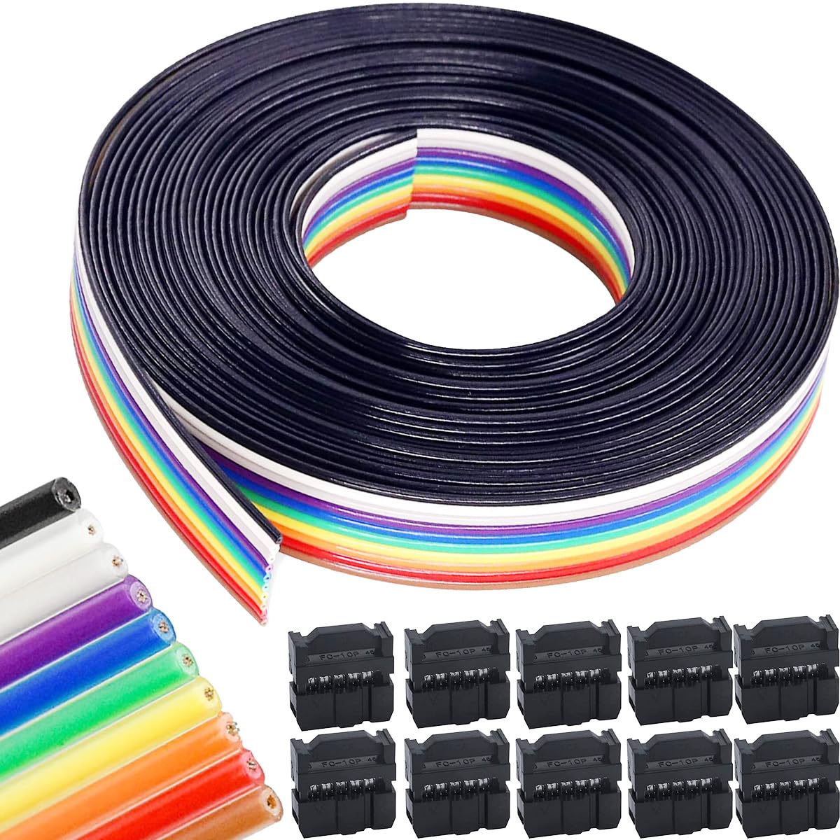 Youmile 10-poliges Flachbandkabel in Regenbogenfarben, 5 m, IDC-Drahtkabel, 1,27 mm Flachbandkabel, Dupont-Kabel mit FC-10P IDC-Buchsen, Buchse für 2,54 mm-Anschlüsse,5M/16.40ft von Youmile